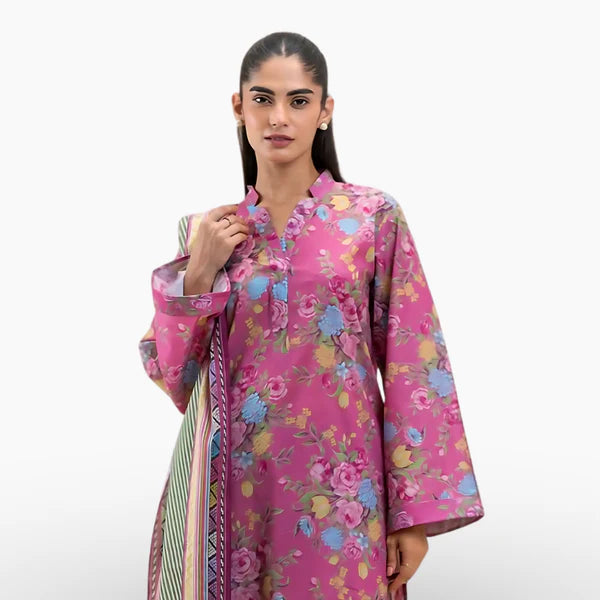 Pink Floral Digital Printed Khaddar 3 Piece Suit