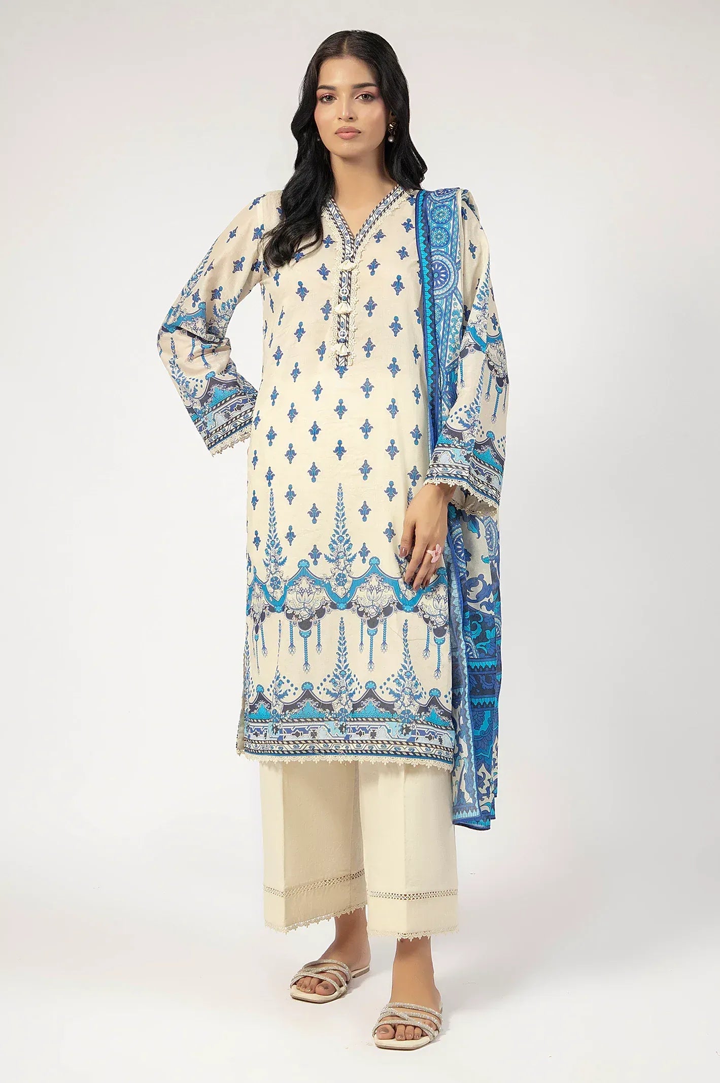 Printed Lawn-Cream Unstitched 3PC