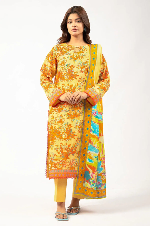 Printed Lawn-Yellow Unstitched 3PC