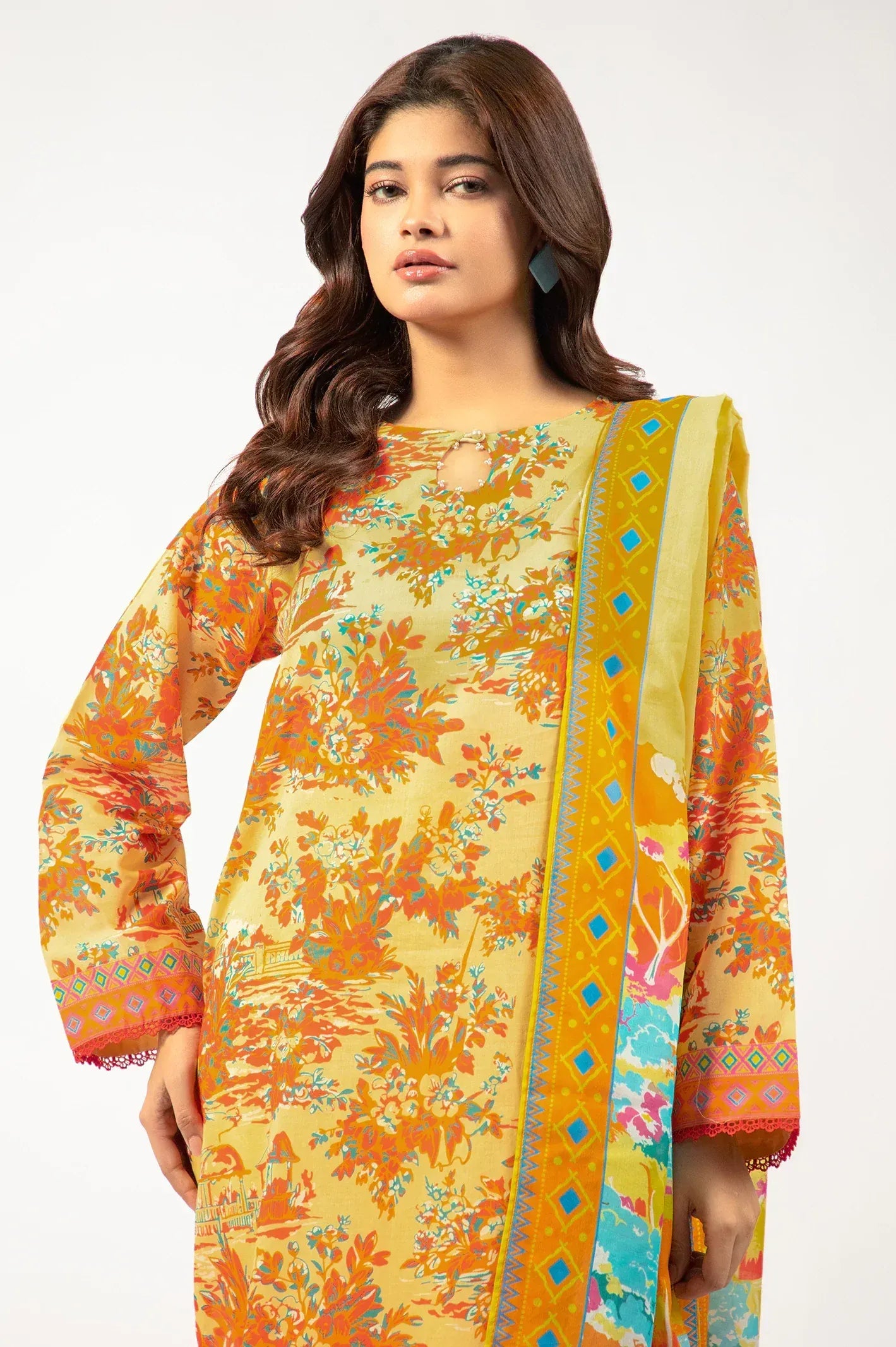 Printed Lawn-Yellow Unstitched 3PC