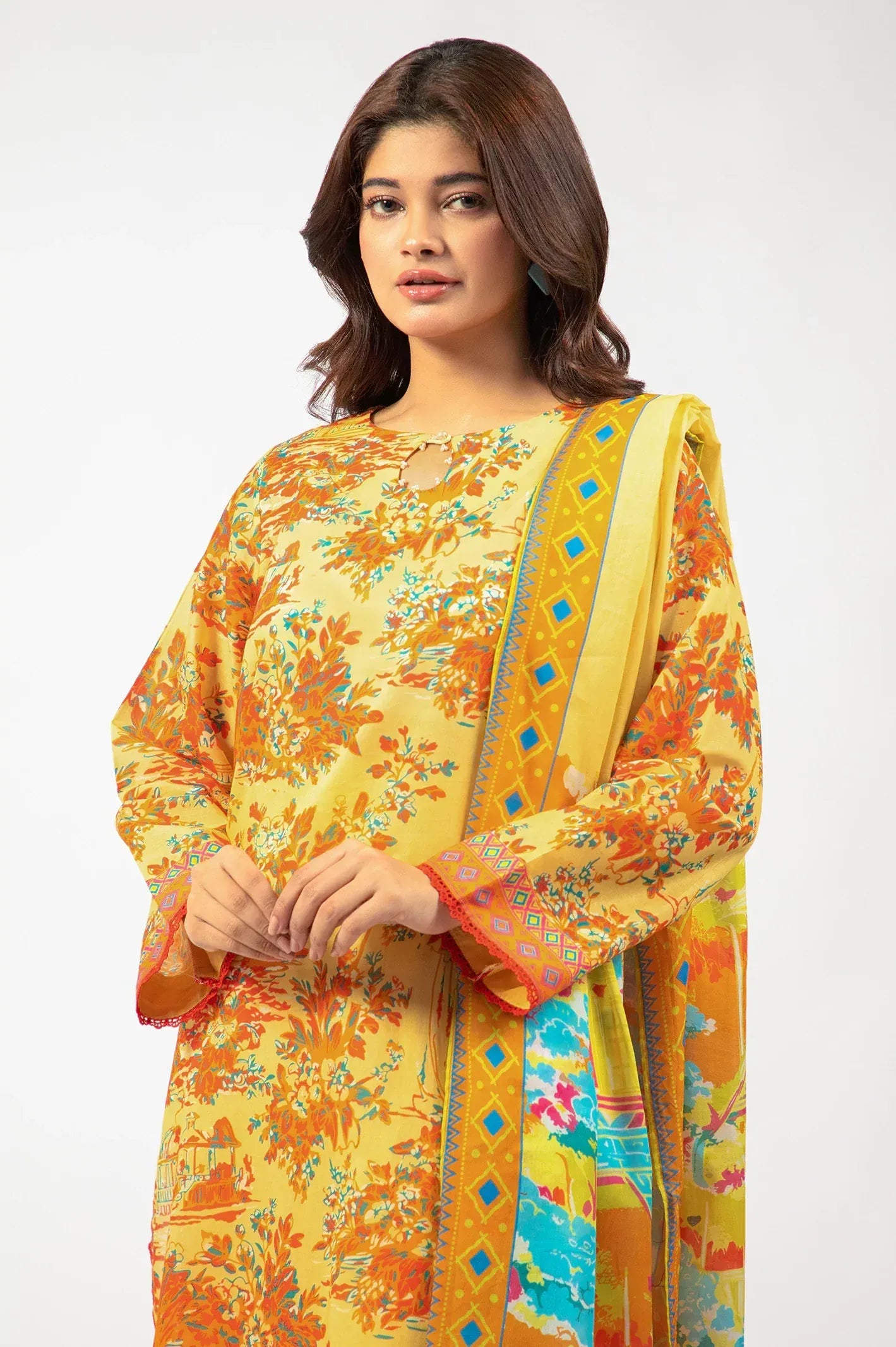 Printed Lawn-Yellow Unstitched 3PC